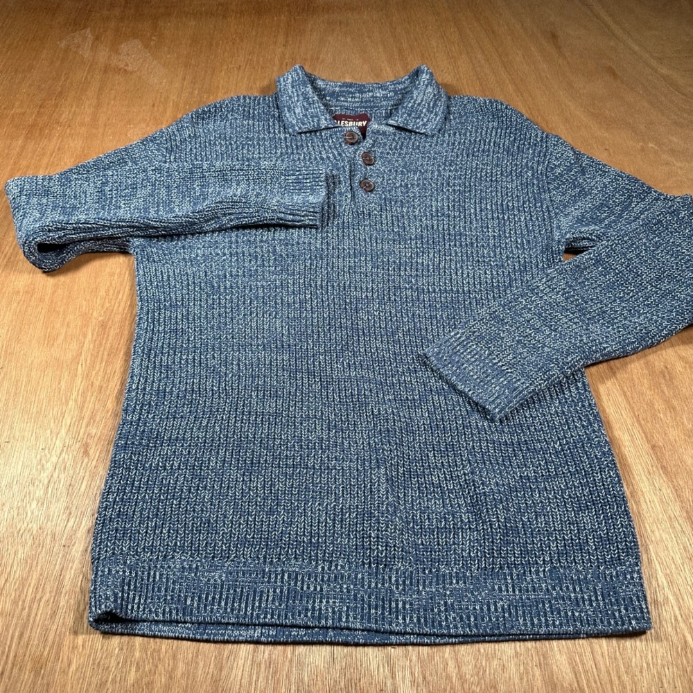 Alesbury Henley Sweater Mens M Blue Marl Cotton Knit Collared